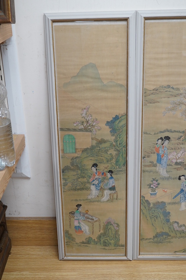 Chinese School, pair of watercolours on silk, Females before landscapes, 80 x 21cm. Condition - fair, some discolouration